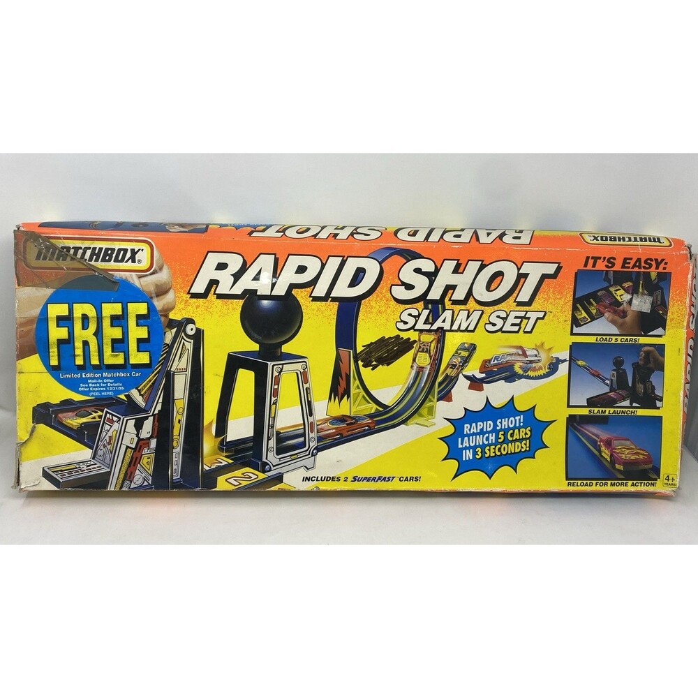 Vintage 1995 Boxed Complete Matchbox Rapid Shot Slam Set still
